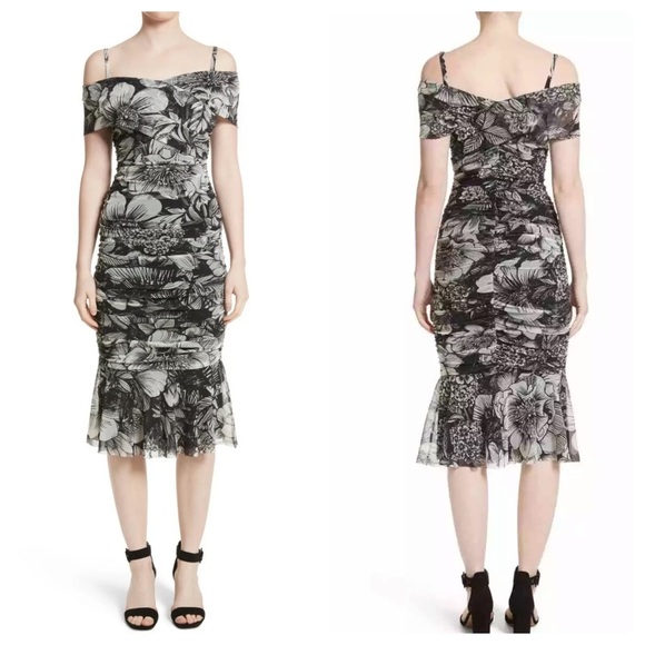 Fuzzi Dresses & Skirts - Fuzzi Print Tulle Floral Ruched Off Shoulder Dress
